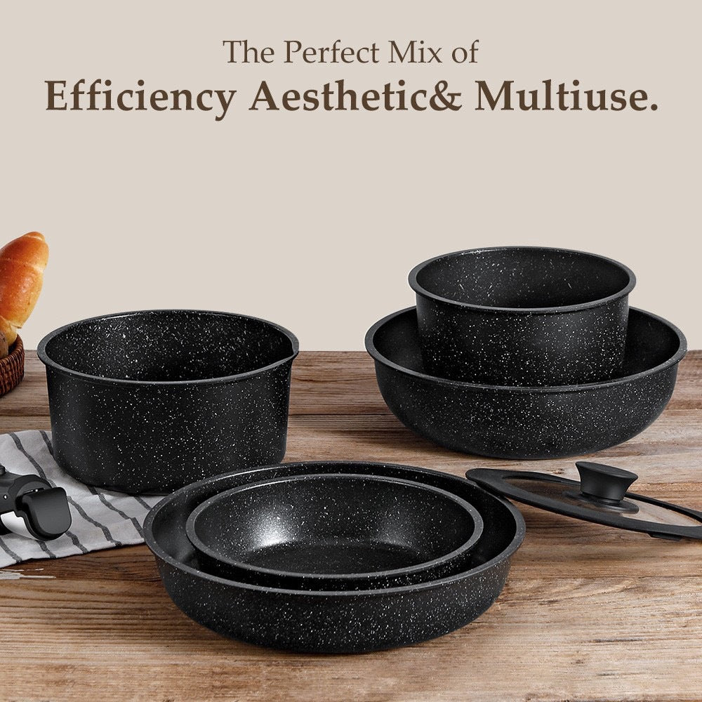 5Pcs Black Non-stick Cookware Set, Ceramic Non-stick Soup Pot & Frying Pan Set with Detachable Handle, Stackable RV Kitchen Cookware, Durable Stylish Home Cooking Pots, Suitable for Camping & Oven Safe