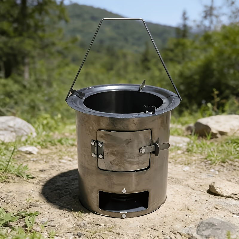 Portable Wood Stove (Charcoal Compatible) – Outdoor Cylindrical Grill with Firebox Opening & Sturdy Base, Heavy-Duty Oven, Perfect for Camping Gatherings, Can Steam