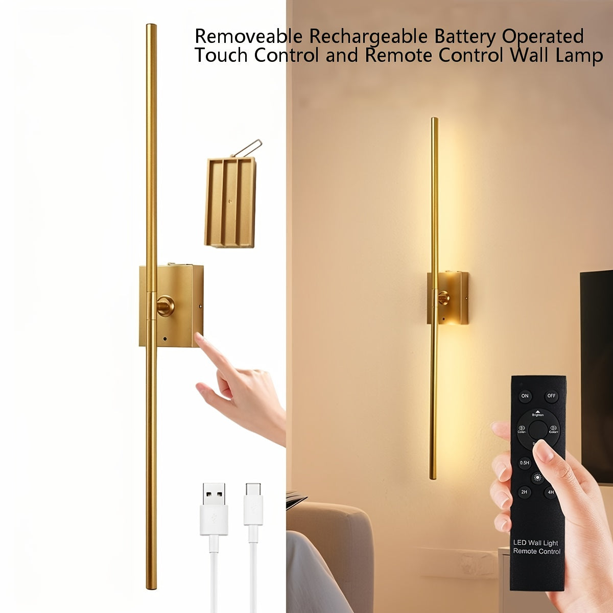 Removable Rechargeable Battery Powered, 31.5-Inch Wireless Wall Light, 360° Adjustable Lighting Angle: Features Include 4 Color Temperatures, Infinite Dimming, Touch and Remote Control Options