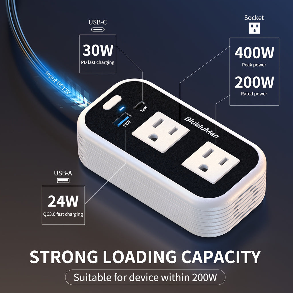 200W车载电压变换器，Blubluman 12V直流转110V交流插座带30W USB-C，QC3.0快充24W，适用于汽车的电源逆变器，笔记本电脑充电接口