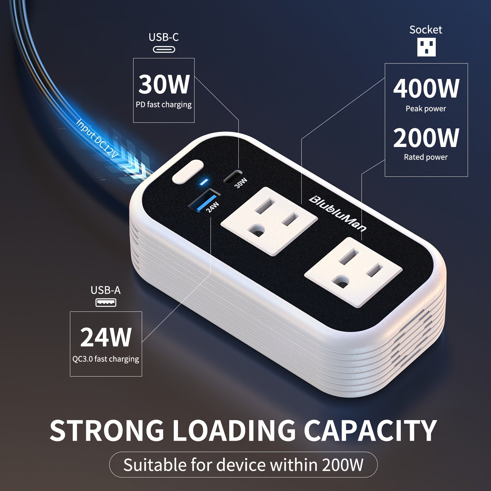 200W车载电压变换器，Blubluman 12V直流转110V交流插座带30W USB-C，QC3.0快充24W，适用于汽车的电源逆变器，笔记本电脑充电接口