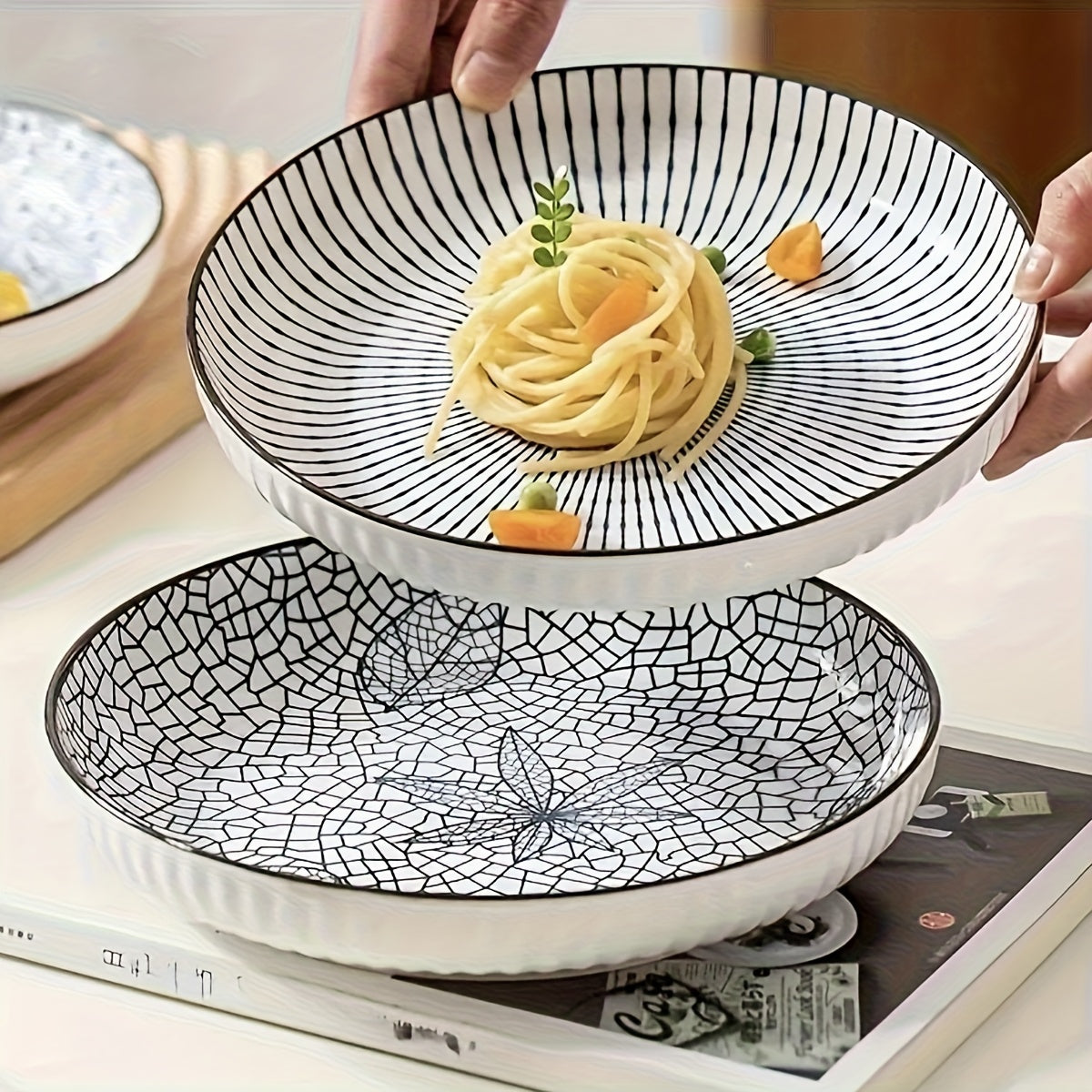 4-Piece Japanese Ceramic Floral Dinner Plate Set – Yamada Home Dinner Plates, Nordic Style Steak Plates, 7-Inch Deep Ceramic Plates, Non-Slip Rim, Under-Glaze Color Round Plates