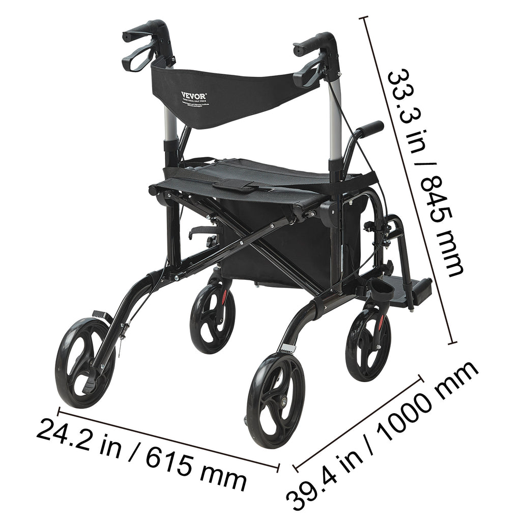 VEVOR 2合1助行器与轮椅，折叠式滚轮助行器，带脚踏，轻质铝合金，带可调节手柄，多地形轮，300磅承重，黑色/红色/蓝色