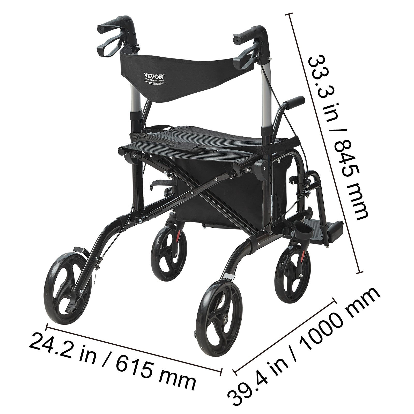 VEVOR 2合1助行器与轮椅，折叠式滚轮助行器，带脚踏，轻质铝合金，带可调节手柄，多地形轮，300磅承重，黑色/红色/蓝色