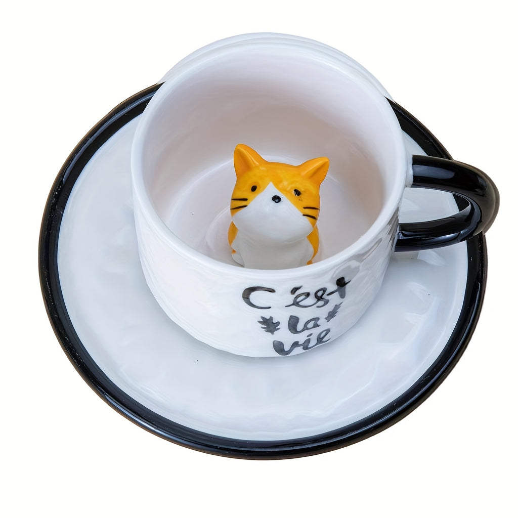 1pc 200ml / 6.7oz Japanese Cute Ceramic Hidden 3D Cat Cup & Saucer, Hand-Painted Under-Glaze Adorable Cat Cup, Breakfast Cup, Afternoon Tea Cup Set, Birthday & Holiday Gift for Cat Lovers