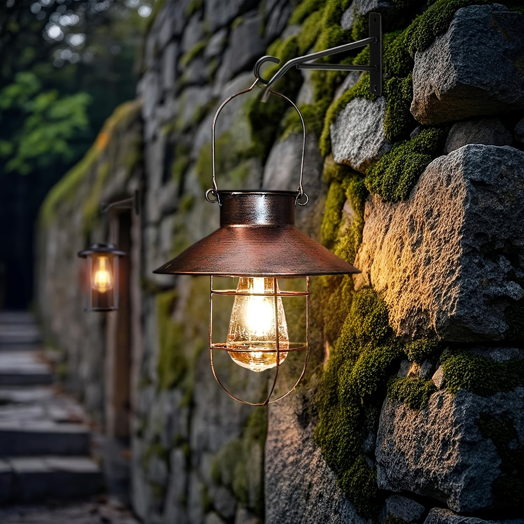 Solar portable hanging light, copper metal Edison warm light bulb, courtyard, patio, porch, pathway lighting, Halloween, Christmas holiday decorative gift, vintage outdoor decorative light