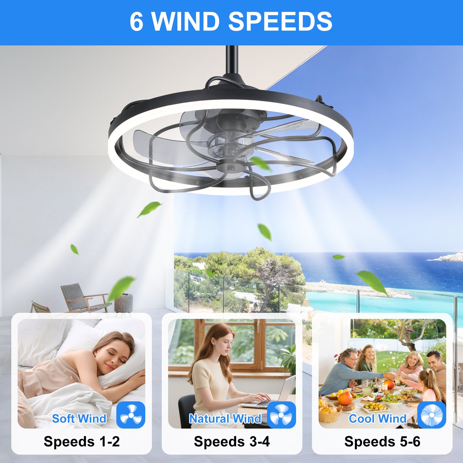 20 Inch Outdoor Ceiling Fan with Light, 6-Speed Dimmable Remote Control Ceiling Fan, Waterproof Reversible Ceiling Fan Light with Hook, Plug-In Caged Ceiling Fan for Porch, Gazebo, Patio, Pergola, Living Room