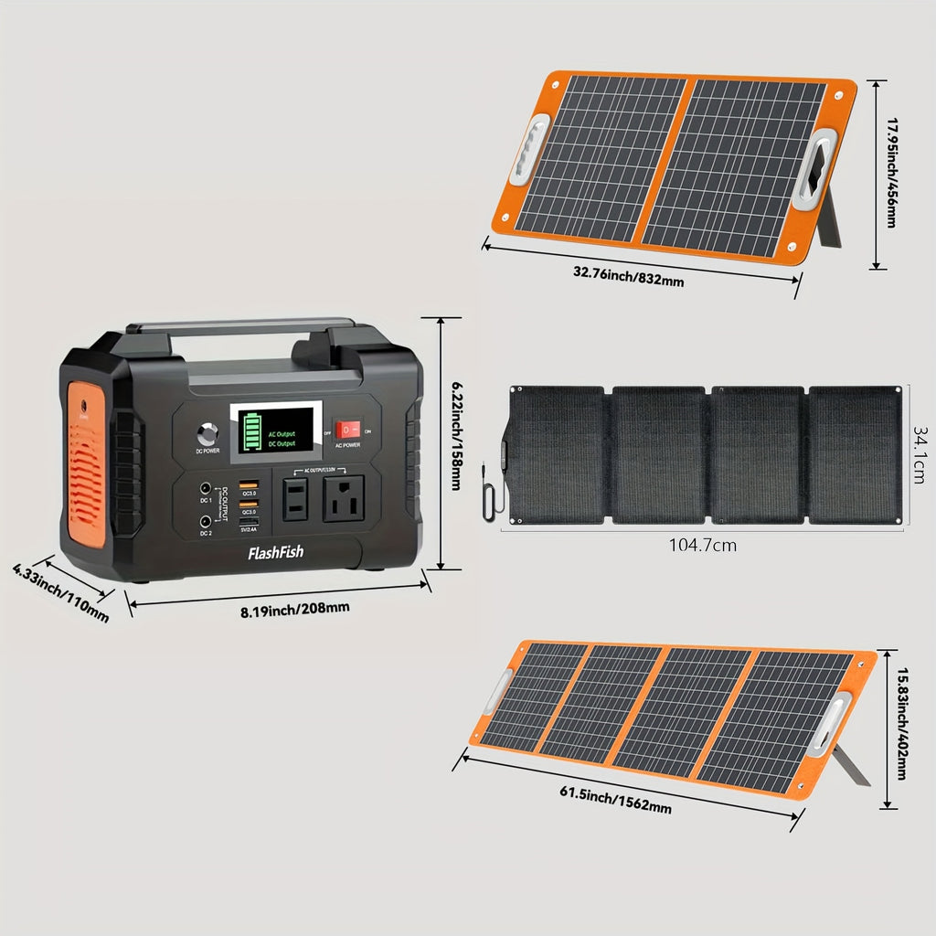 Flashfish 便攜式電源站鋰電池組，120W/150W/200W 便攜式太陽能發電機站，60W/100W 太陽能板可選，151Wh 鋰電池備用電源，具備 110V AC USB DC 輸出，適用於家庭緊急情況、戶外露營、露營車、釣魚