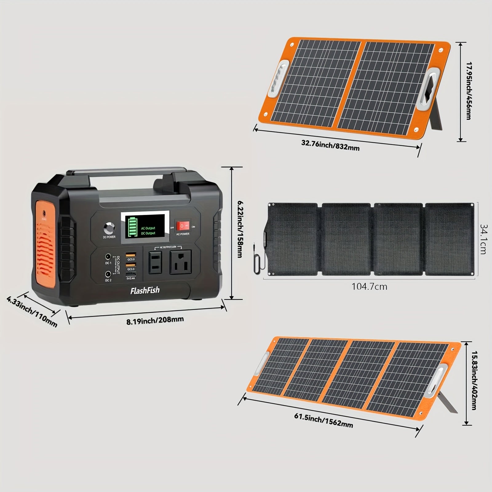 Flashfish 便攜式電源站鋰電池組，120W/150W/200W 便攜式太陽能發電機站，60W/100W 太陽能板可選，151Wh 鋰電池備用電源，具備 110V AC USB DC 輸出，適用於家庭緊急情況、戶外露營、露營車、釣魚