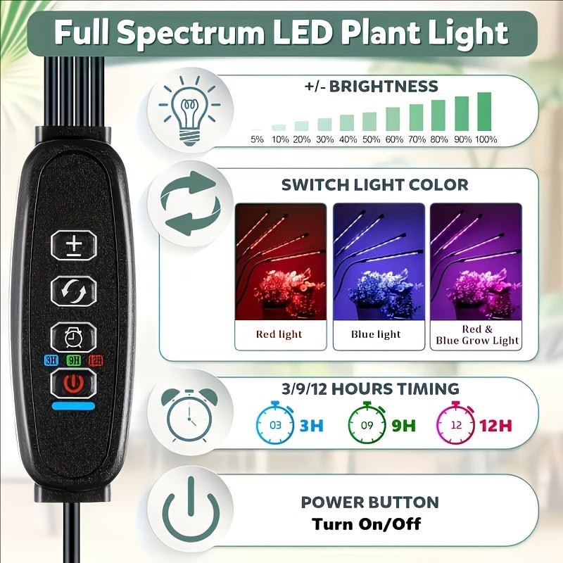 LED Plant Grow Light, 2/3/4-Head Full Spectrum Clip-On Grow Light Strip, Blue Red Dual Color LED Beads, for Indoor Plants, 5 Brightness Levels, 3/9/12H Auto Timer