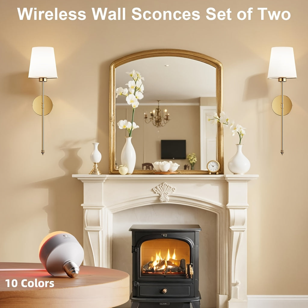 Wall Light Battery Operated 2-Piece Set Rechargeable Wall Light 10-Color Wireless Wall Light 2 Sets, Dimmable Bulb and Remote Control, Suitable for Bedroom, Living Room, Hallway Decoration