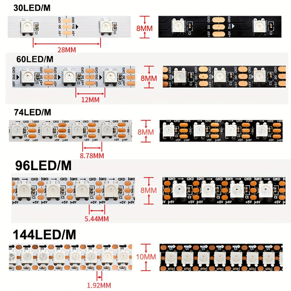 AOEVK WS2812B RGB LED 燈條，4.92 英尺變色，帶 3 鍵遙控器，USB 供電，144 個 LED/米，單獨可定址，內建 IC 晶片，適用於遊戲室、家庭劇院、派對裝飾