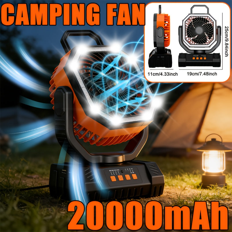 Outdoor Fan, Portable Rechargeable Fan 20000mAh Battery Powered Camping Fan - Cooling, Battery Powered Desktop Fan with 4 Speeds, Bright Light & Hook, Portable for Tent Outdoor Hurricane Power Outage