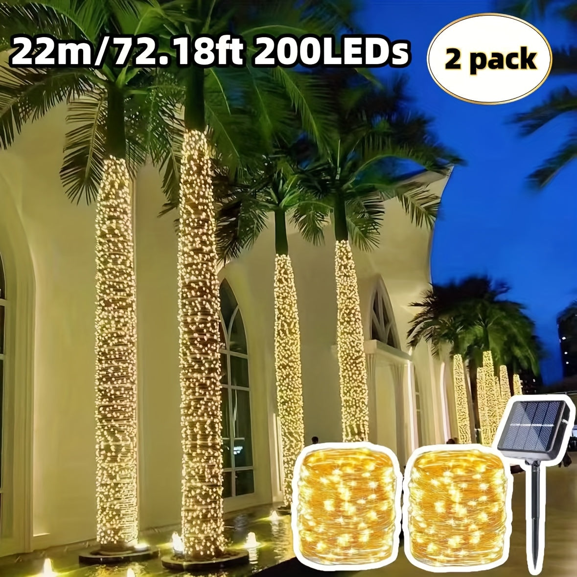 2个升级版太阳能LED灯串，Ip65防水，50/100/200/300 LED可选，带8种照明模式，适用于花园和庭院装饰，露营、派个、生日、婚礼、圣诞节灯装饰的必备装饰品