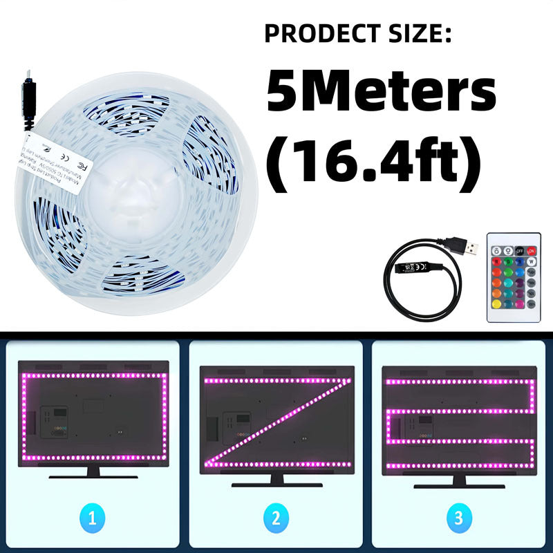 196.85-787.4英寸柔性RGB LED灯带，配备24键遥控器，USB供电，可裁剪，适用于电视、电脑背光及家居氛围装饰
