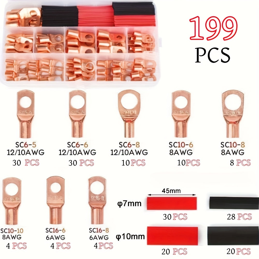 99/199-Piece AWG 6, 8, 10 & 12 Gauge Wire Terminal Set with Heat Shrink Tubing – Battery Cable Ends & Ring Terminal Connectors for Marine, Automotive, Cable & Electrical Applications
