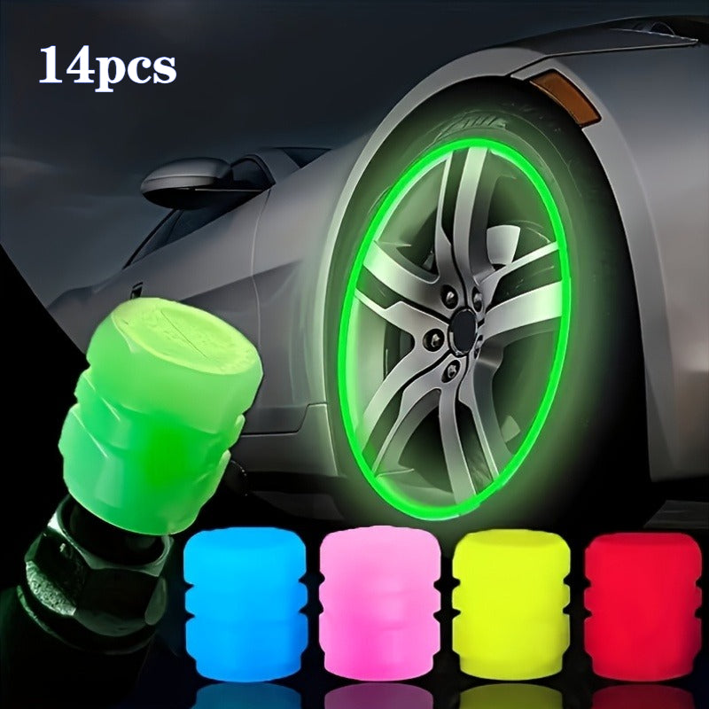 14-Pack Glow in the Dark Tire Valve Stem Caps Fluorescent Valve Core Covers, Car, E-Bike, Motorcycle, Bicycle, Truck Tire Ultra Bright Reflective Valve Core Caps, Colorful Bright Neon Tire Decoration, Night Riding Safety Accessory