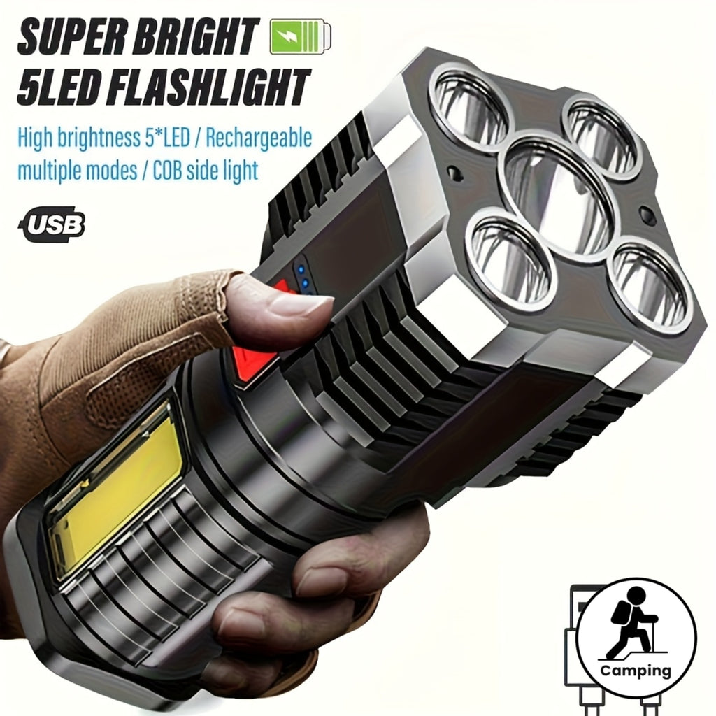 1-Pack High-Brightness Handheld Rechargeable Flashlight, Rechargeable Camping Flashlight, IP44 Outdoor Light with COB Side Light, 4 Lighting Modes, Ideal for Camping, Hiking, Outdoor Activities & Home Emergency Use