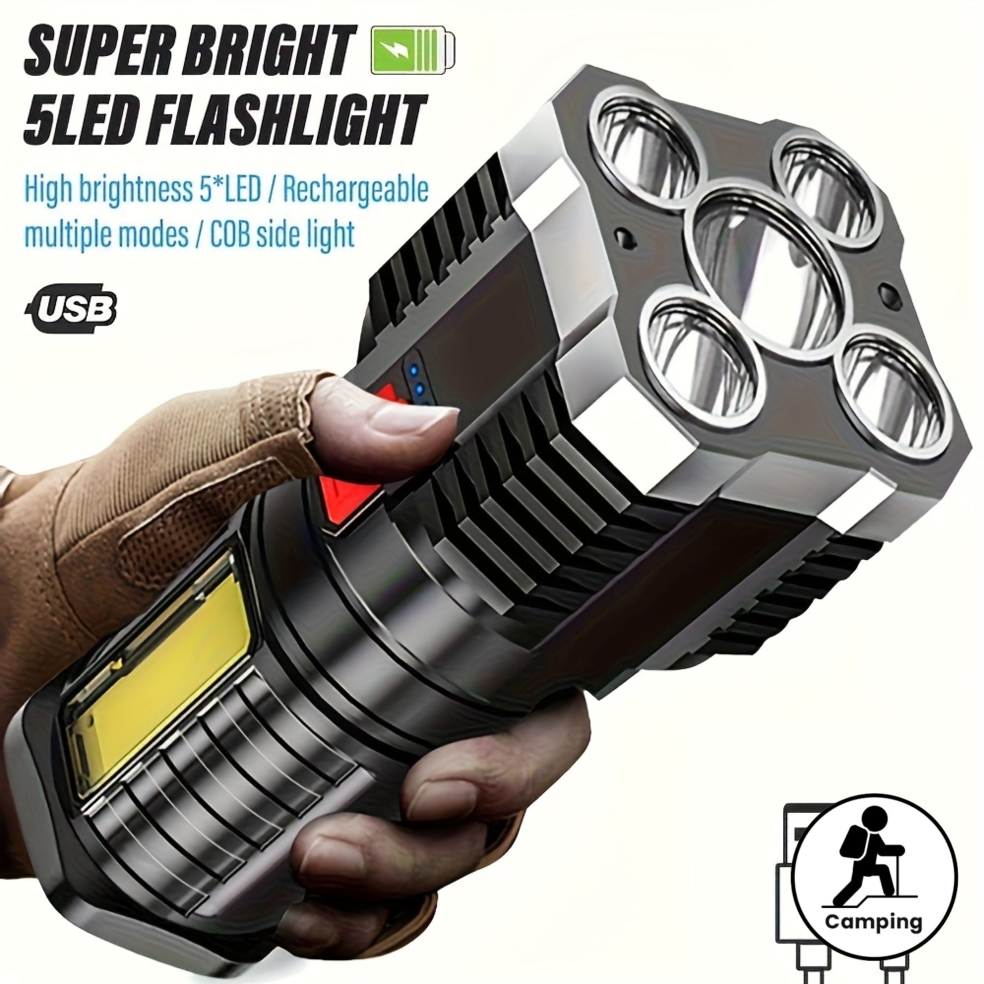 1-Pack High-Brightness Handheld Rechargeable Flashlight, Rechargeable Camping Flashlight, IP44 Outdoor Light with COB Side Light, 4 Lighting Modes, Ideal for Camping, Hiking, Outdoor Activities & Home Emergency Use