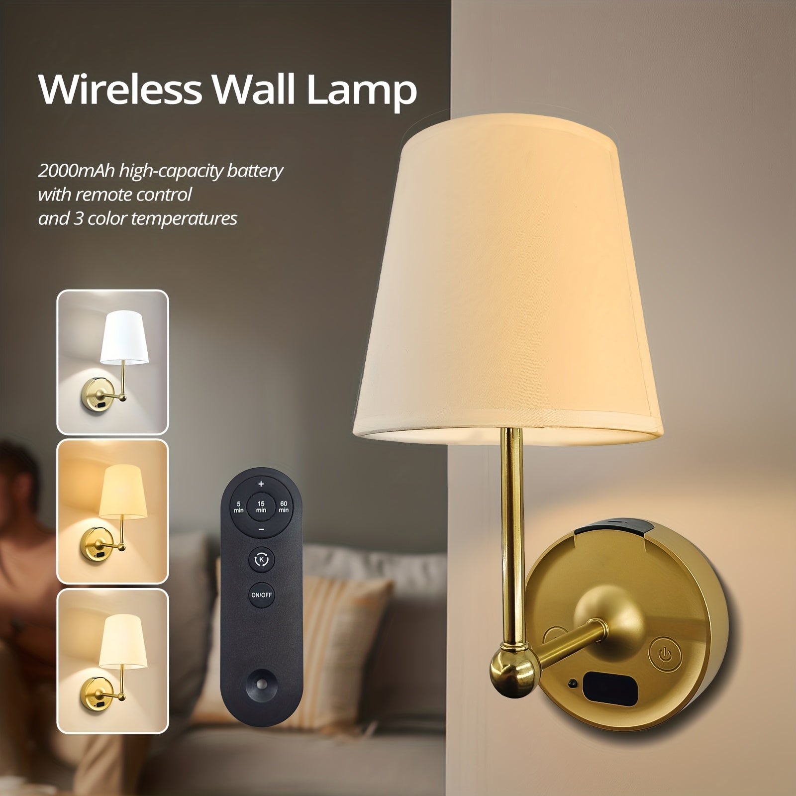 1-Pack Wireless Wall Light (Bulb Included), 3 Color Temperatures Adjustable, with LED Display and Remote Control, Rechargeable Battery 2000mAh (Removable Battery Compartment for Easy Replacement and Charging)