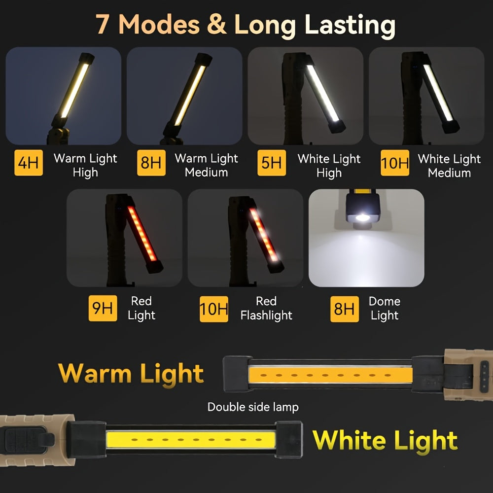 1 Portable LED Flashlight, USB Rechargeable Handheld Light, Foldable COB Work Light with Magnet & Hook, Rotatable Tent Light, 7-Mode 18650 Camping Light, Supports USB Output & Battery Level Indicator