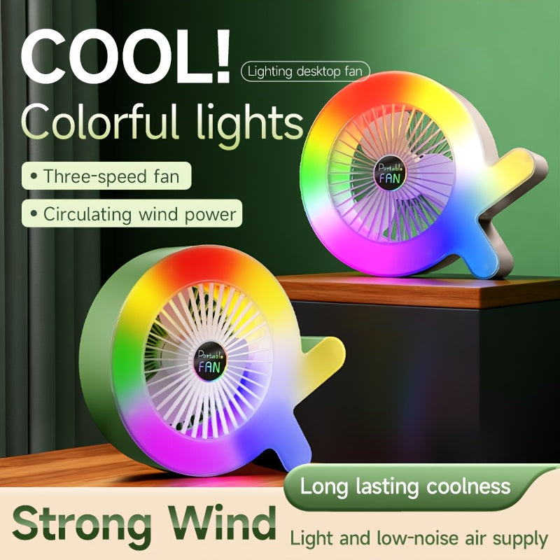 Portable Colorful Ambient Light Desktop Fan | 3 Speed Adjustment | Low Noise Silent Motor | USB Rechargeable | Mini Desk Fan for Bedroom Office | Summer Cooling Essential