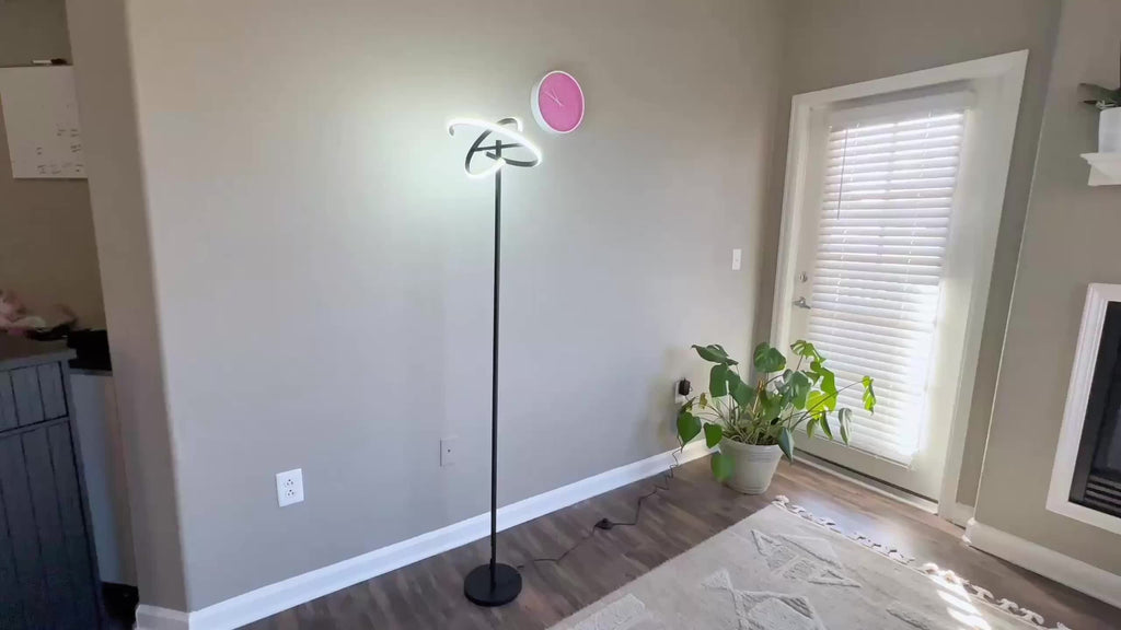 Modern rotatable floor lamp with remote control, dimmable black LED color-changing ambiance lighting, suitable for bedroom and living room, versatile shapes including heart shape, 48W LED floor lamp