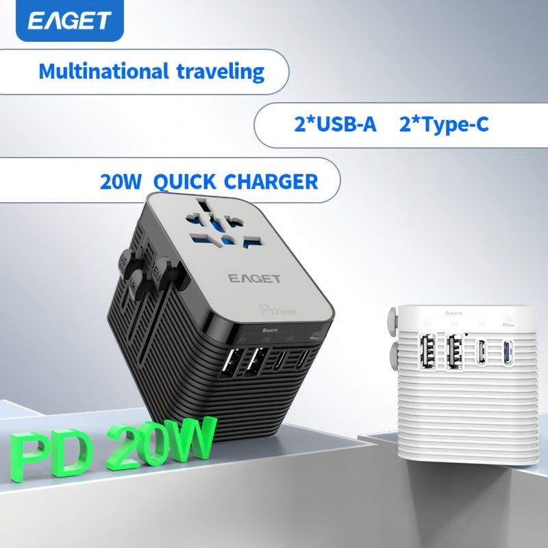 1pc Eaget Greatest Universal Travel Adapter Plus+ Power Strips | 2Usb And 2Type-C Ports, 100V-250V Input, Us/Eu/Uk/Au Plugs, Short-Circuit Protection, All-In-One Wall Charger High-Speed Travel Adapter For Over 350+ Countries