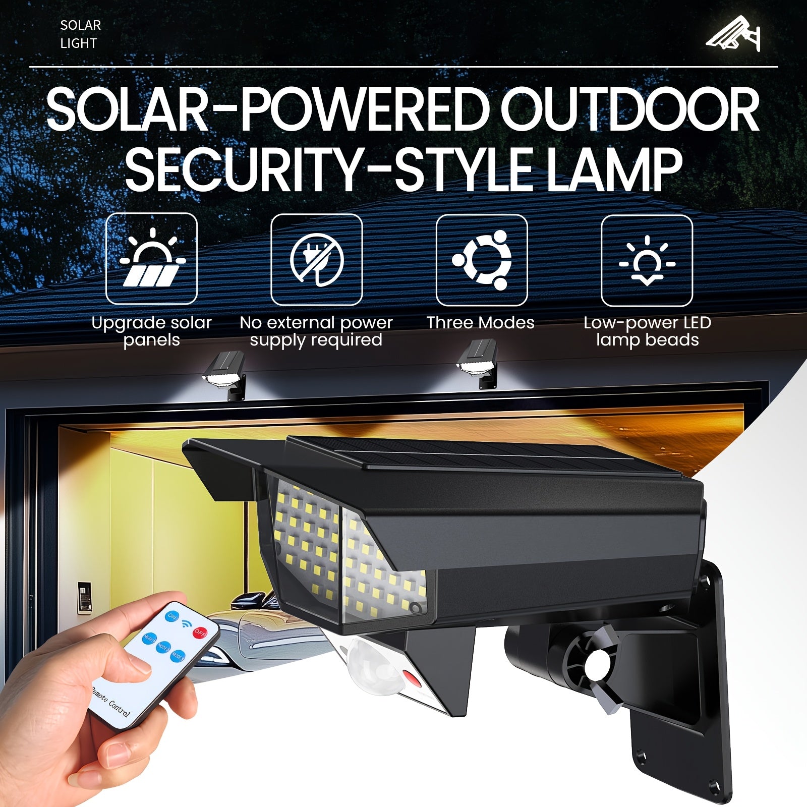 LED Motion Sensor Solar Wall Light, Wireless Dummy Camera Floodlight, Remote Control Solar Panel Spotlight, Simulated Security Monitoring Lamp for Porch Garden Patio Driveway