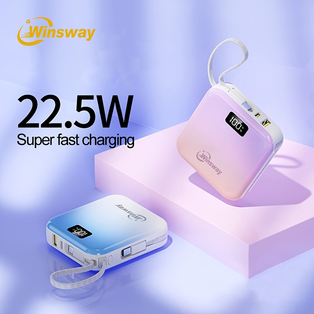 Winsway 2.9英寸迷你充電寶，10000mAh大容量，小巧便攜，內建USB-C雙線輸出，22.5W快充，LED顯示屏，內建掛繩設計，相容多種電子裝置，適合作為高顏值充電寶贈予朋友，聖誕禮物優選