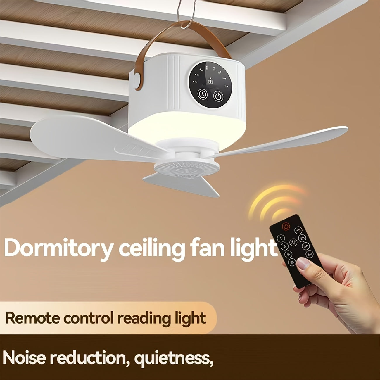 USB Dormitory Ceiling Fan, Touch Stop Design, 4 Speed Levels, 4 Timing Modes, 3 Ambient Light Modes, Remote Control, Strong Wind Quiet Operation, Ideal for Camping, Home, Bedroom, Office, Dormitory and Workshop