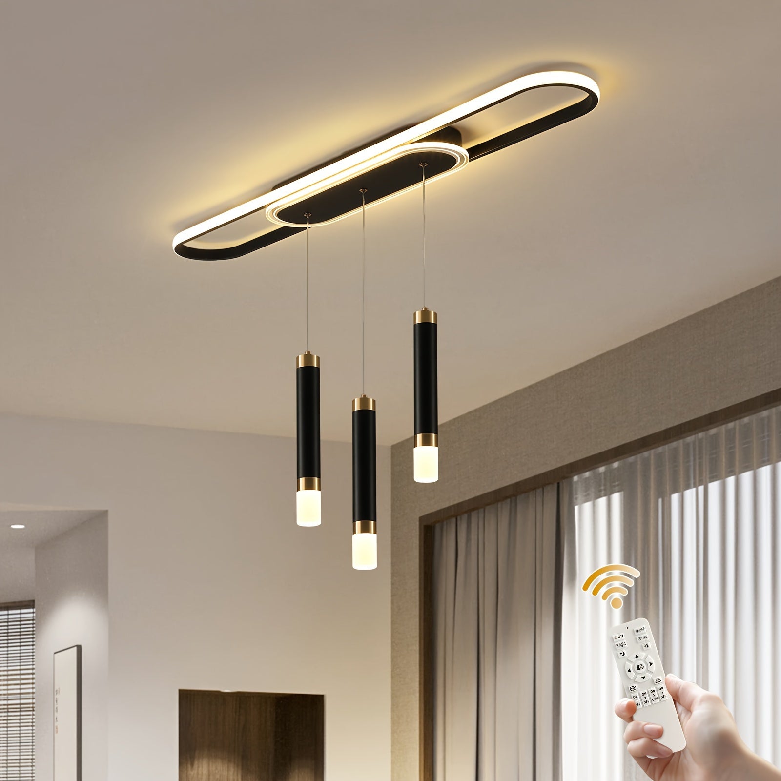 Qcyuui modern LED pendant light, adjustable acrylic 3-light modern pendant light, with remote control, indoor dining room lighting fixture, suitable for kitchen island, living room, dining room, office (black)