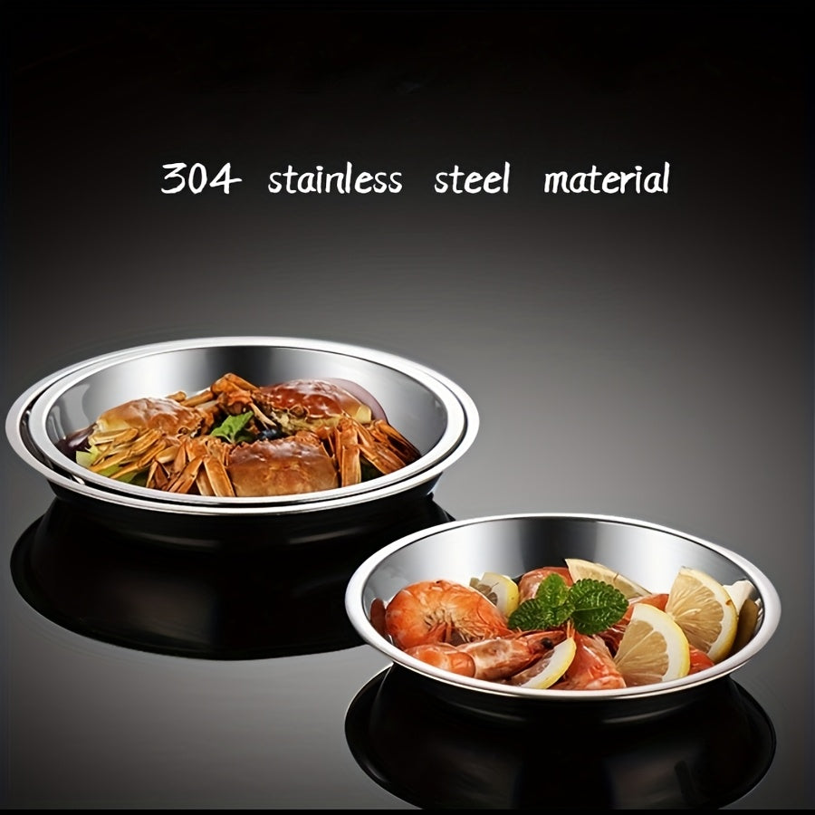 Thickened 304 Stainless Steel Round Plate, Non-Magnetic Multi-Purpose BBQ Plate, Deep Flat-Bottom Dish, Food Tray for Outdoor Camping
