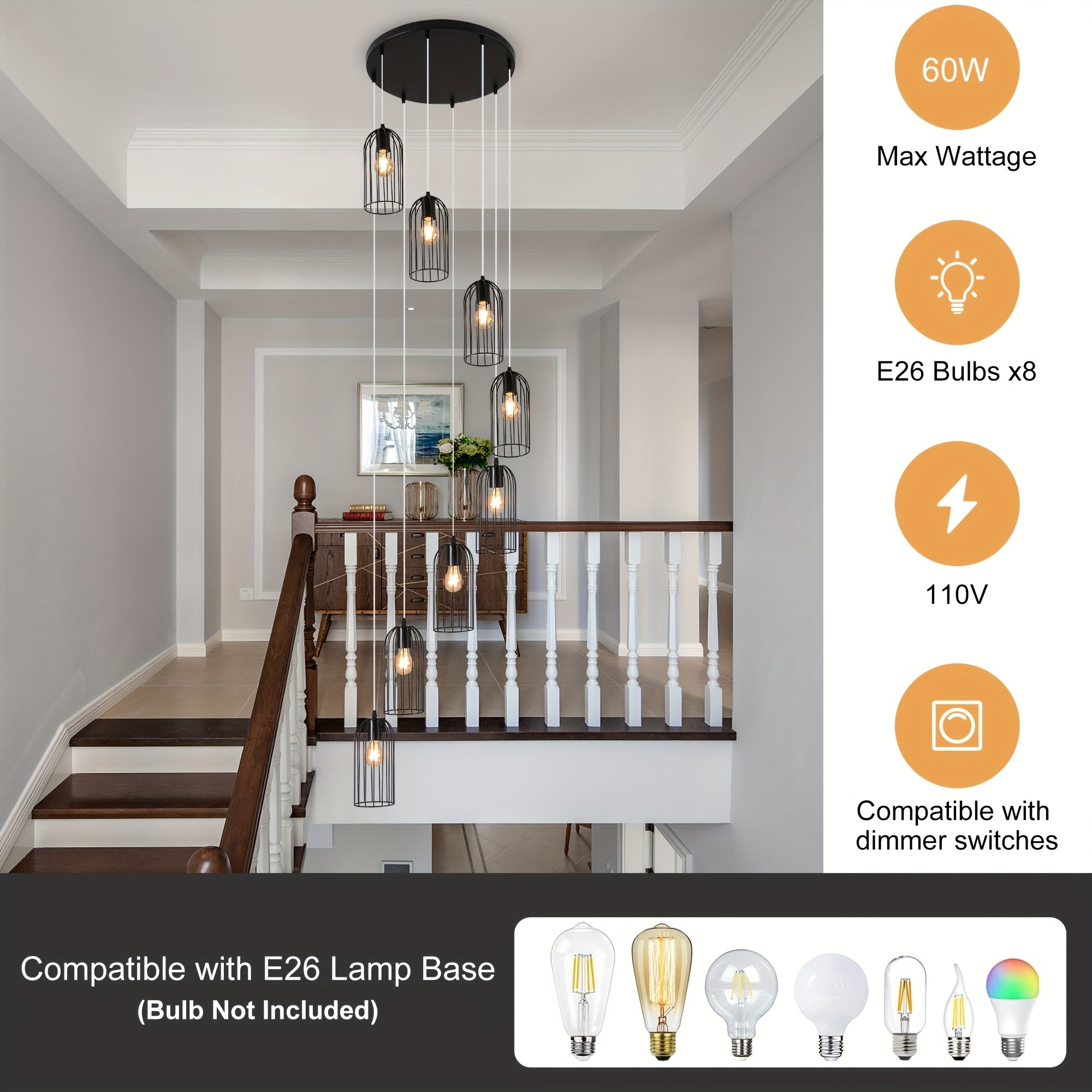 Modern staircase pendant light - extra long 114.2 inches (290 cm) hanging staircase light fixture, semi-flush mount or hanging, hardwired, no battery needed, suitable for large staircases, living rooms, foyers, villas - modern home lighting