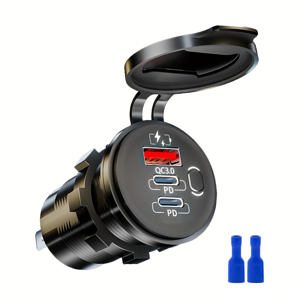 Versatile Car Charger - Features a Switch, Compatible with 12V/24V for Vehicles, Boats, Motorcycles, And Rvs - Portable, Includes Installation Tools|Stylish Design|Includes Voltmeter, Socket for Boat Charging, No Battery Included