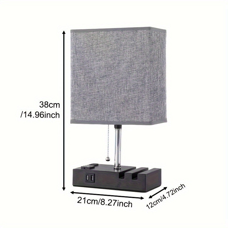 Large fabric table lamp, US standard, dual USB with AC 3-pin and 2-pin plug, with phone stand, with 3-color bulb