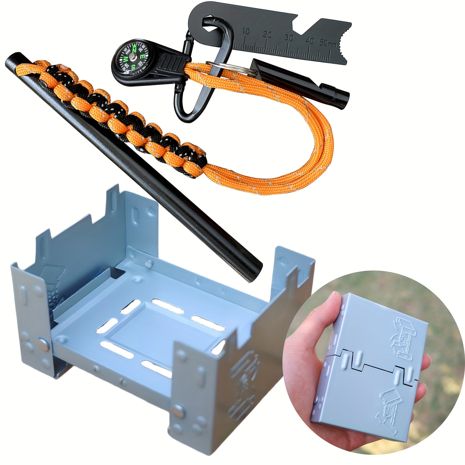 6-in-1 Foldable Emergency Survival Kit, Includes Firestarter, Compass, Scraper, Whistle, Flint, Portable Camping Stove, Ideal for Hiking, Backpacking & Wilderness Exploration, Batteries Not Included