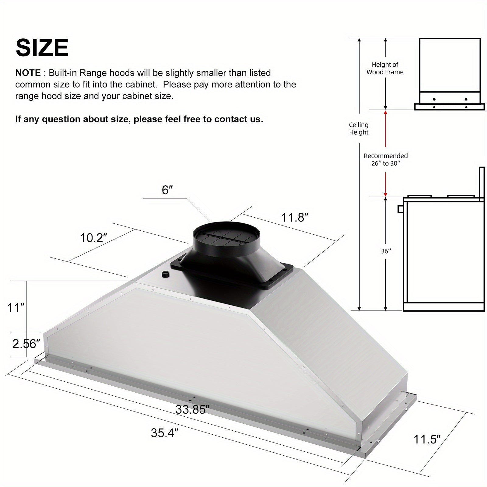 36-Inch Built-In Range Hood – 900 CFM Stainless Steel Insert Range Hood, Convertible Ducted/Ductless