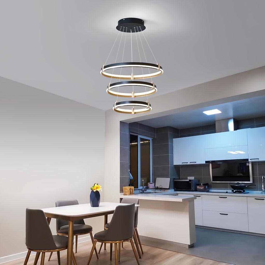 Modern LED pendant light, 90W dimmable modern LED black pendant light, 3-ring acrylic hanging pendant lighting fixture, kitchen island, dining room, living room, bedroom, foyer