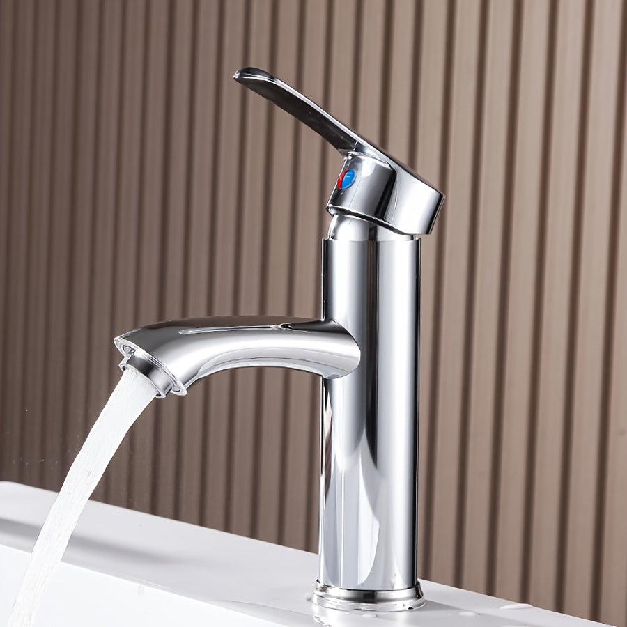 1 Modern Bathroom Faucet - Single Handle Round Deck Mount Mixer Basin Faucet, Hot & Cold Water, for Vanity, Sink Cabinet, Kitchen, Hotel, RV with Hoses