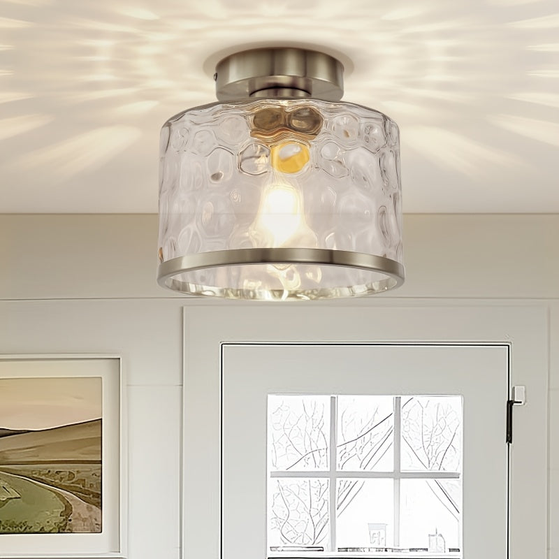 1-Light Modern Farmhouse Semi-Flush Mount Ceiling Light with Brushed Nickel Finish and Clear Water Ripple Glass Shade - Low-Profile Modern Fixture, Suitable for Bedroom, Hallway, Kitchen - Compatible with E26 Socket