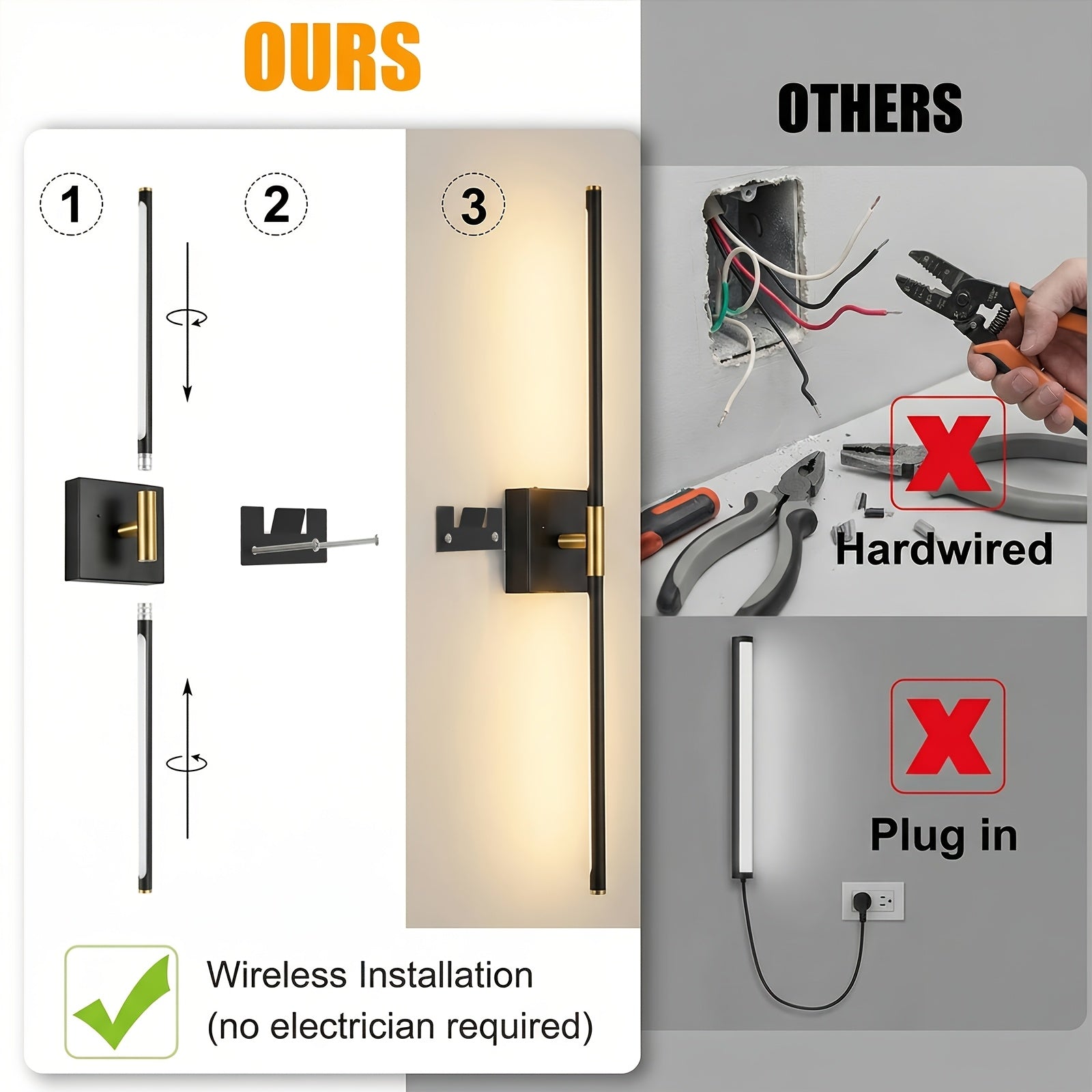 Battery Operated Wall Light Set, 2-Pack, Wireless Rechargeable Wall Light with Remote Control, 350° Rotation, 3000K/4000K/6500K Dimmable Battery Wall Light, Suitable for Living Room, Bedroom, 28.3 Inches