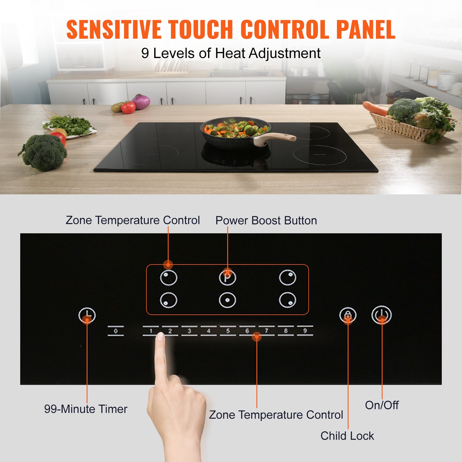 VEVOR Induction Cooktop, 5 Burners, 36-Inch Induction Stove, Built-In Magnetic Cooktop 9200W, 9-Level Multi-Function Burner, LED Touch Screen with Child Lock & Over-Temperature Protection