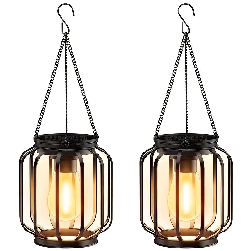 2 Pack Solar Outdoor Pendant Light, Hanging Metal Lantern, Modern Metal Solar Pendant Light with Hook, Warm Light Lantern for Garden, Perfect for Outdoor Garden, Patio, Entrance Lighting Decorative Hanging Light