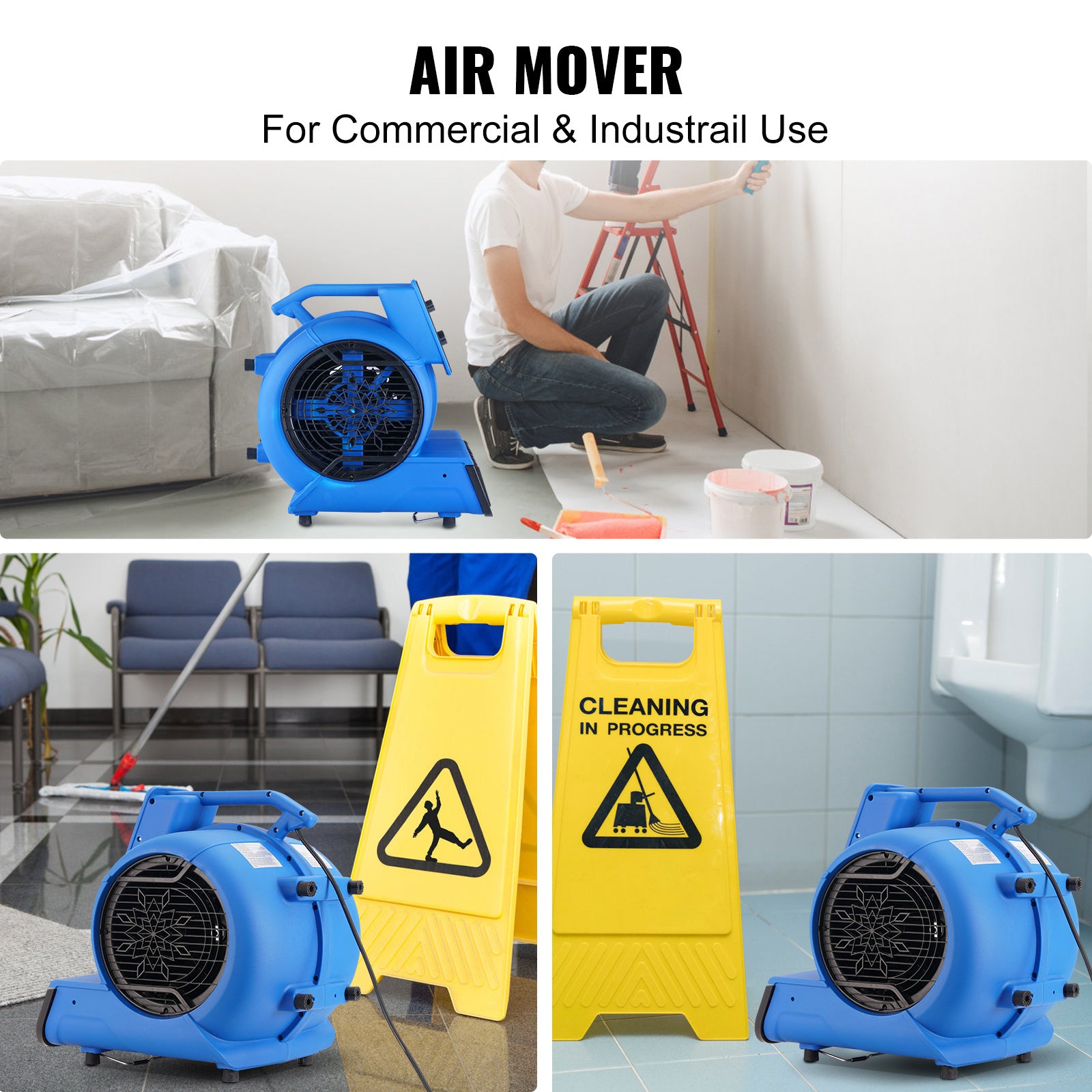 VEVOR Floor Blower, 1/2 HP, 2600 CFM Air Mover for Drying and Cooling, Portable Carpet Dryer Fan with 4 Blowing Angles and Time Function, for Janitorial, Home, Commercial, Industrial Use, ETL Listed