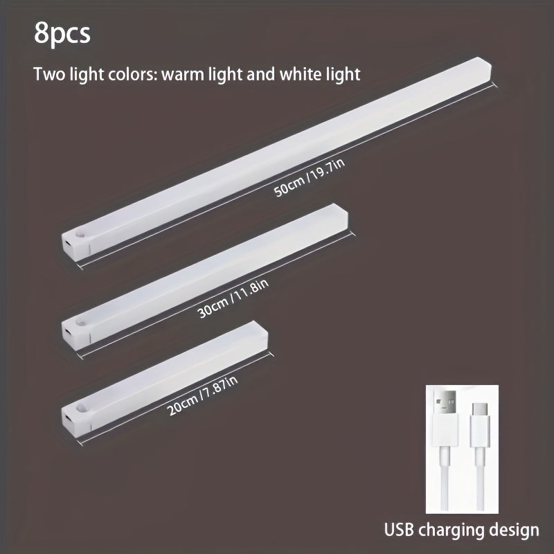 8-pack smart motion sensor LED light, household lighting tube, USB rechargeable + magnetic installation, suitable for cabinets, wardrobes, bookshelves, sinks, DIY night light. Bookshelf lighting, cabinet lighting, minimalist design