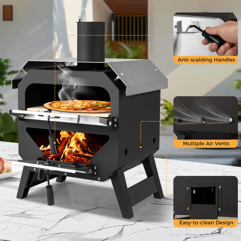 COSTWAY 12" Outdoor Pizza Oven, Portable Charcoal Pizza Stove with Pizza Stone, Pizza Peel & Oxford Cloth Cover, Multi-Fuel Pizza Maker with Stainless Steel Roof, Ideal for Patio, Backyard, Camping & BBQ