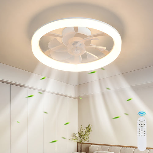 1PC Ceiling Fan with Light, 44.5cm/17.51 Inch LED Fan Light Kit, Compact Ceiling Fan with Remote Control, White Low Profile Ceiling Fan, 6 Speed Levels Smart Dimmable, Suitable for Living Room Bedroom Attic Kitchen Laundry Room Dining Room