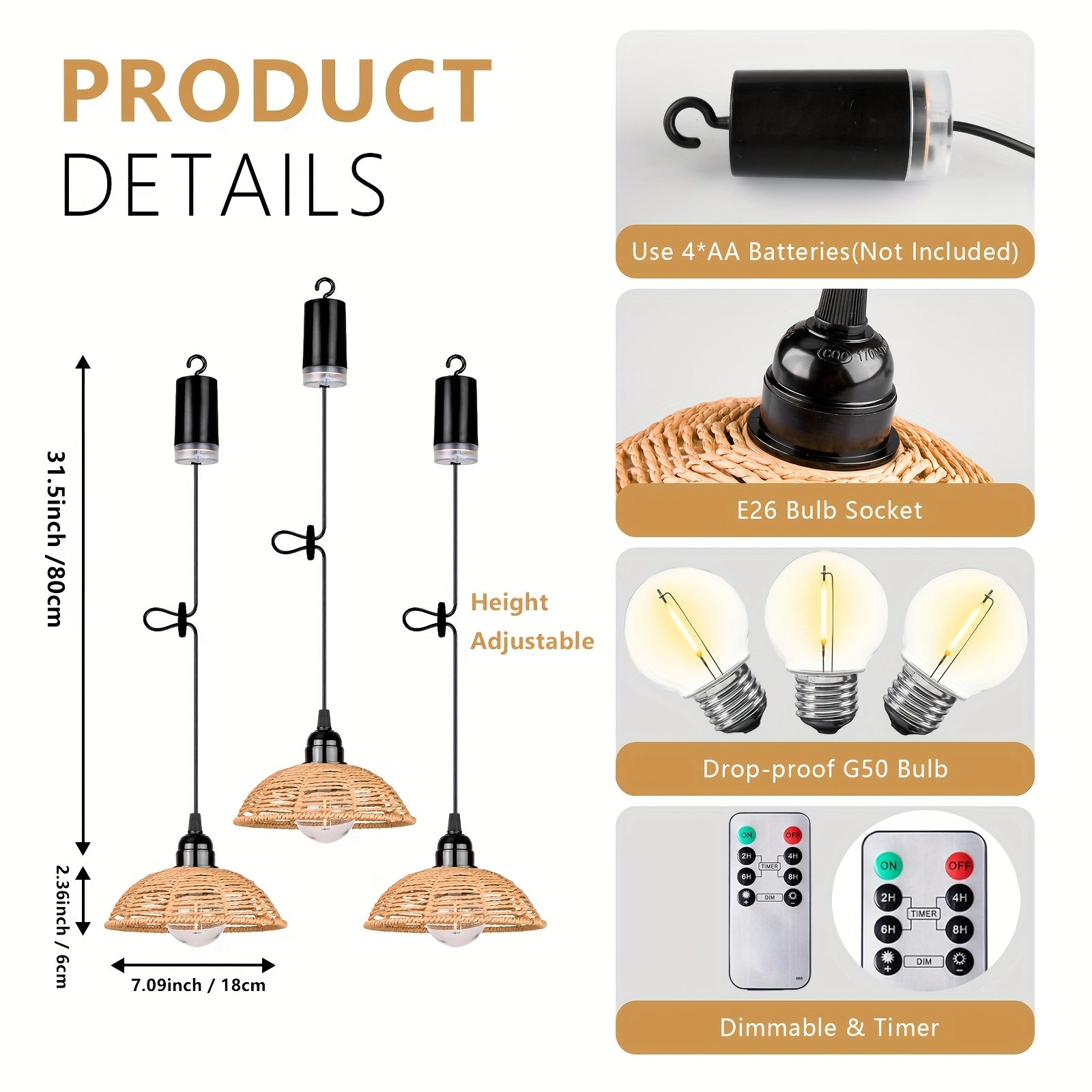 3-Piece Battery Operated Gazebo Pendant Light, Bohemian Handwoven Pendant Lamp, Indoor Lantern Powered by 4 AA Batteries with Timer, Gift and Decoration for Patio, Garden, Living Room, Bedroom