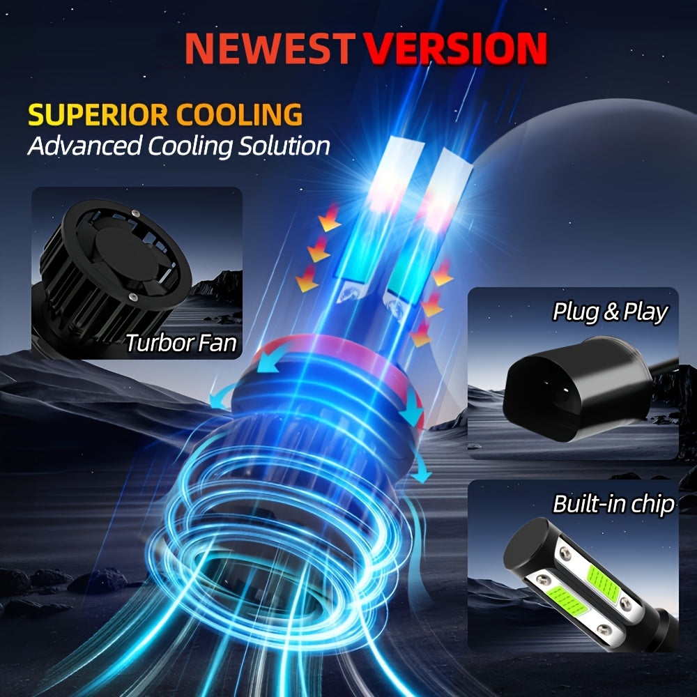 2 High/Low Beam Headlights, Luminous Intensity 30000 Lumens, 8000K Ice Blue Light, Equipped with 4 Side COB Chips, Including Models 9005/HB3, 9006/HB4, H4, H7, H11, H13, 9004 and 9007, No Battery Included